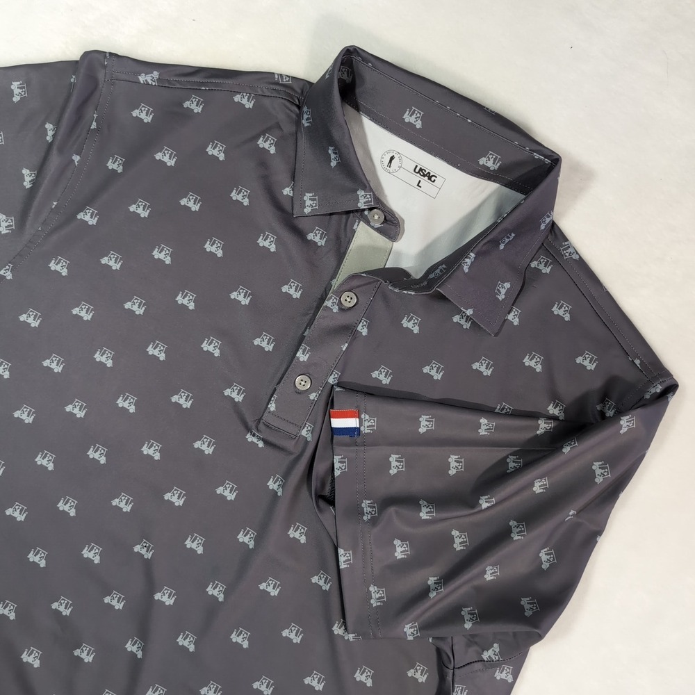 USAG U Suck‎ At Golf Polo Shirt Mens L Gray Golf Cart AOP Performance Stretch